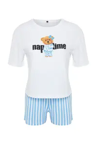 TRENDYOLMİLLA Women Couple White 100% Cotton Teddy Bear Striped OF shorts Knitting Pajama Set - Image 8