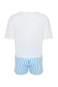 TRENDYOLMİLLA Women Couple White 100% Cotton Teddy Bear Striped OF shorts Knitting Pajama Set - Image 9