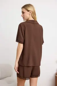 TRENDYOLMİLLA Brown Lace Viscose OF shorts Weaving Pajama Set - Image 4