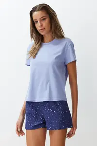 TRENDYOLMİLLA Mavi 100% Cotton Star Patterned OF shorts Knitting Pajama Set - Image 2