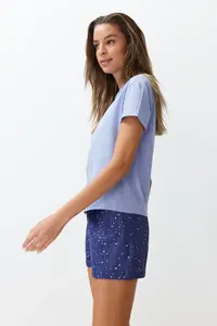 TRENDYOLMİLLA Mavi 100% Cotton Star Patterned OF shorts Knitting Pajama Set - Image 3