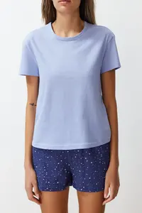 TRENDYOLMİLLA Mavi 100% Cotton Star Patterned OF shorts Knitting Pajama Set - Image 4