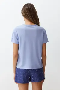 TRENDYOLMİLLA Mavi 100% Cotton Star Patterned OF shorts Knitting Pajama Set - Image 6