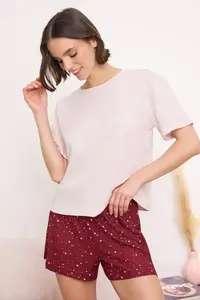 TRENDYOLMİLLA Burgundy-Pink 100% Cotton Star Patterned OF shorts Knitting Pajama Set