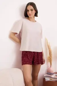 TRENDYOLMİLLA Burgundy-Pink 100% Cotton Star Patterned OF shorts Knitting Pajama Set - Image 2