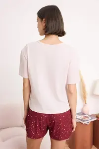 TRENDYOLMİLLA Burgundy-Pink 100% Cotton Star Patterned OF shorts Knitting Pajama Set - Image 4