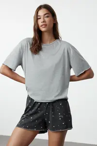TRENDYOLMİLLA Gray Melange Galaxy Patterned Baby Overlock Detailed OF shorts Knitting Pajama Set - Image 2