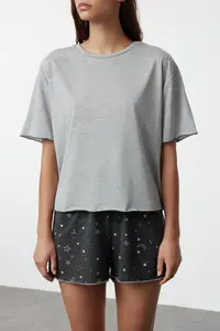 TRENDYOLMİLLA Gray Melange Galaxy Patterned Baby Overlock Detailed OF shorts Knitting Pajama Set - Image 3