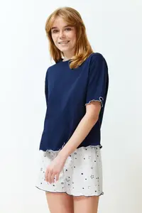 TRENDYOLMİLLA Navy Blue Galaxy Patterned OF shorts Knitting Pajama Set - Image 2