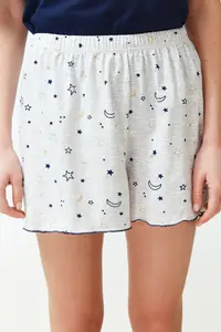 TRENDYOLMİLLA Navy Blue Galaxy Patterned OF shorts Knitting Pajama Set - Image 4