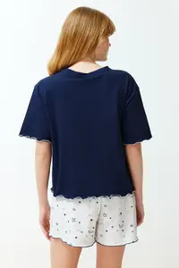 TRENDYOLMİLLA Navy Blue Galaxy Patterned OF shorts Knitting Pajama Set - Image 6