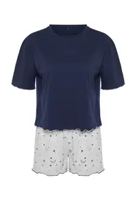 TRENDYOLMİLLA Navy Blue Galaxy Patterned OF shorts Knitting Pajama Set - Image 7
