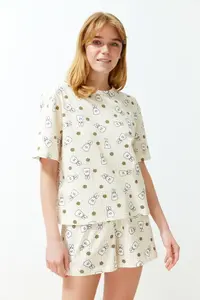 TRENDYOLMİLLA Yellow-Multicolored 100% Cotton gingham OF shorts Knitting Pajama Set