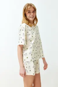 TRENDYOLMİLLA Yellow-Multicolored 100% Cotton gingham OF shorts Knitting Pajama Set - Image 2