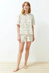 TRENDYOLMİLLA Yellow-Multicolored 100% Cotton gingham OF shorts Knitting Pajama Set - Image 3