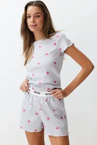 TRENDYOLMİLLA Gray Melange Kalpli Slogan Printed Elastic Ribbed OF shorts Knitting Pajama Set