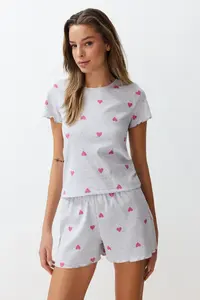 TRENDYOLMİLLA Gray Melange Kalpli Slogan Printed Elastic Ribbed OF shorts Knitting Pajama Set - Image 2