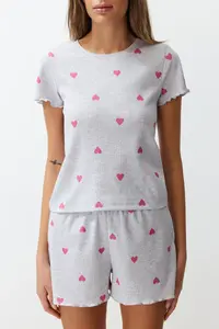 TRENDYOLMİLLA Gray Melange Kalpli Slogan Printed Elastic Ribbed OF shorts Knitting Pajama Set - Image 3