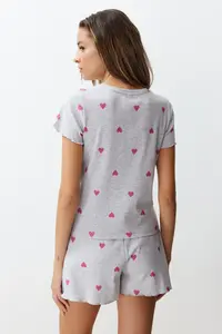 TRENDYOLMİLLA Gray Melange Kalpli Slogan Printed Elastic Ribbed OF shorts Knitting Pajama Set - Image 5