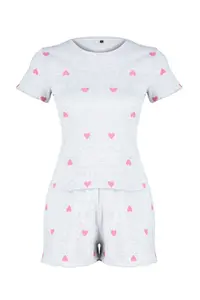 TRENDYOLMİLLA Gray Melange Kalpli Slogan Printed Elastic Ribbed OF shorts Knitting Pajama Set - Image 6