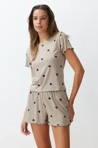TRENDYOLMİLLA MINT Kalpli Slogan Printed Elastic Ribbed OF shorts Knitting Pajama Set - Image 3
