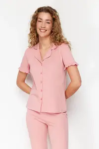 TRENDYOLMİLLA Dusty Rose 100% Cotton Ruffle Detailed Knitting Pajama Set - Image 2