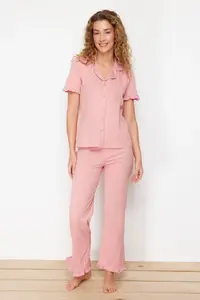 TRENDYOLMİLLA Dusty Rose 100% Cotton Ruffle Detailed Knitting Pajama Set - Image 3