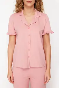 TRENDYOLMİLLA Dusty Rose 100% Cotton Ruffle Detailed Knitting Pajama Set - Image 5