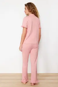 TRENDYOLMİLLA Dusty Rose 100% Cotton Ruffle Detailed Knitting Pajama Set - Image 6
