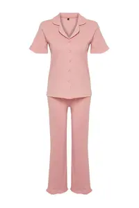 TRENDYOLMİLLA Dusty Rose 100% Cotton Ruffle Detailed Knitting Pajama Set - Image 7
