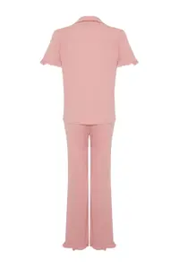 TRENDYOLMİLLA Dusty Rose 100% Cotton Ruffle Detailed Knitting Pajama Set - Image 8
