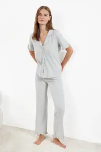 TRENDYOLMİLLA Gray Melange 100% Cotton Ruffle Detailed Knitting Pajama Set - Image 2