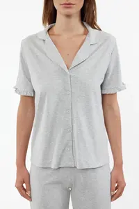 TRENDYOLMİLLA Gray Melange 100% Cotton Ruffle Detailed Knitting Pajama Set - Image 3