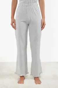 TRENDYOLMİLLA Gray Melange 100% Cotton Ruffle Detailed Knitting Pajama Set - Image 4