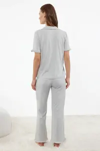 TRENDYOLMİLLA Gray Melange 100% Cotton Ruffle Detailed Knitting Pajama Set - Image 5