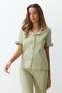 TRENDYOLMİLLA MINT 100% Cotton Ruffle Detailed Knitting Pajama Set - Image 2