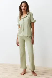 TRENDYOLMİLLA MINT 100% Cotton Ruffle Detailed Knitting Pajama Set - Image 3