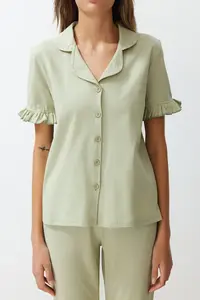 TRENDYOLMİLLA MINT 100% Cotton Ruffle Detailed Knitting Pajama Set - Image 4