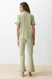 TRENDYOLMİLLA MINT 100% Cotton Ruffle Detailed Knitting Pajama Set - Image 6