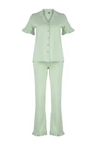TRENDYOLMİLLA MINT 100% Cotton Ruffle Detailed Knitting Pajama Set - Image 7