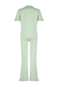 TRENDYOLMİLLA MINT 100% Cotton Ruffle Detailed Knitting Pajama Set - Image 8