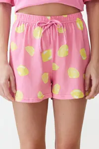 TRENDYOLMİLLA Pink 100% Cotton Slogan and Lemon Printed OF shorts Knitting Pajama Set - Image 4