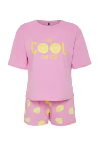 TRENDYOLMİLLA Pink 100% Cotton Slogan and Lemon Printed OF shorts Knitting Pajama Set - Image 7