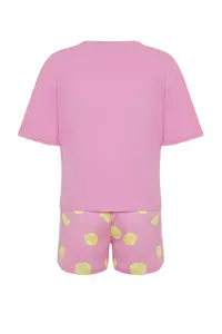 TRENDYOLMİLLA Pink 100% Cotton Slogan and Lemon Printed OF shorts Knitting Pajama Set - Image 8