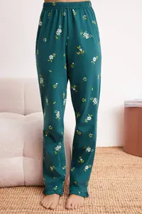 TRENDYOLMİLLA Emerald Green 100% Cotton Floral Frilly Knitting Pajama Set - Image 3