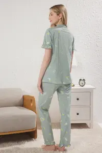 TRENDYOLMİLLA MINT 100% Cotton Floral Frilly Knitting Pajama Set - Image 4