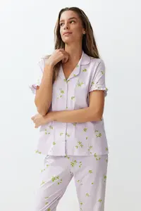 TRENDYOLMİLLA Pink-Multicolored 100% Cotton Floral Ruffle Detailed Knitting Pajama Set - Image 3