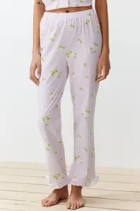 TRENDYOLMİLLA Pink-Multicolored 100% Cotton Floral Ruffle Detailed Knitting Pajama Set - Image 5