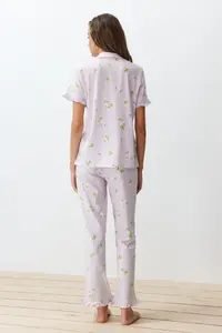 TRENDYOLMİLLA Pink-Multicolored 100% Cotton Floral Ruffle Detailed Knitting Pajama Set - Image 6