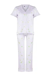 TRENDYOLMİLLA Pink-Multicolored 100% Cotton Floral Ruffle Detailed Knitting Pajama Set - Image 7